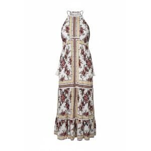 Coco + Jaimeson Floral Halter Maxi Dress Boho Tiered Tassel Lace Up Ivory Large